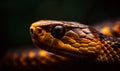 SnakeÃ¢â¬â¢s head intently looking at something. Brown serpent close up. Black backdrop. Generative AI